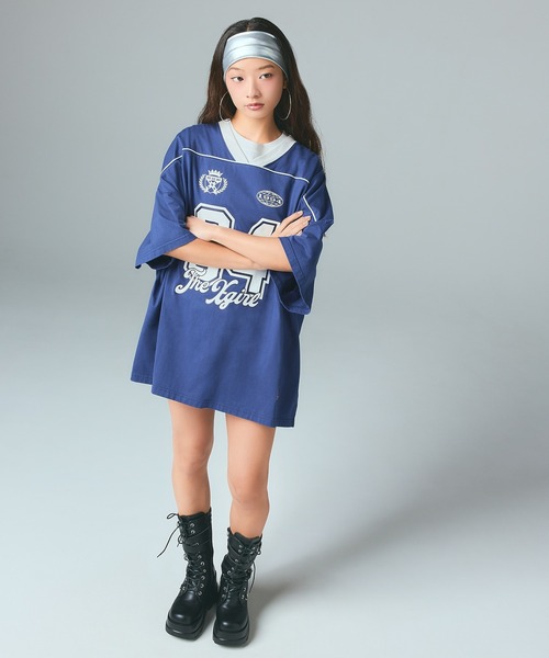 X-girl（エックスガール）の「FACE LABEL NUMBER BIG TEE DRESS（ワンピース・レディース・ブルー/ブラック/ホワイト・S/M）」の12枚目の写真