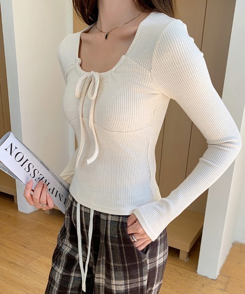 ReRe(リリ)の「リブニット×フロントリボントップス(ニット/セーター・レディース・ベージュ/ピンク/グレー/ブルーグレー・MEDIUM/LARGE/X-LARGE)」の15枚目の写真