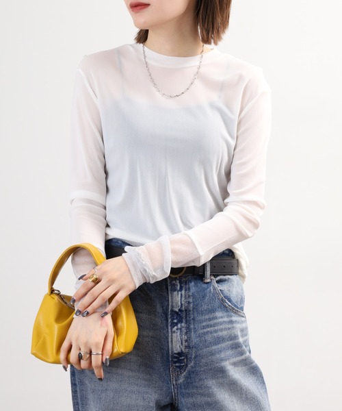 Gleam（グリーム）の「gleam フェイクレイヤードクルーネックニットソー 長袖（Tシャツ/カットソー・レディース・ブラック/ライトブルー/ホワイト/モカ・F）」の6枚目の写真