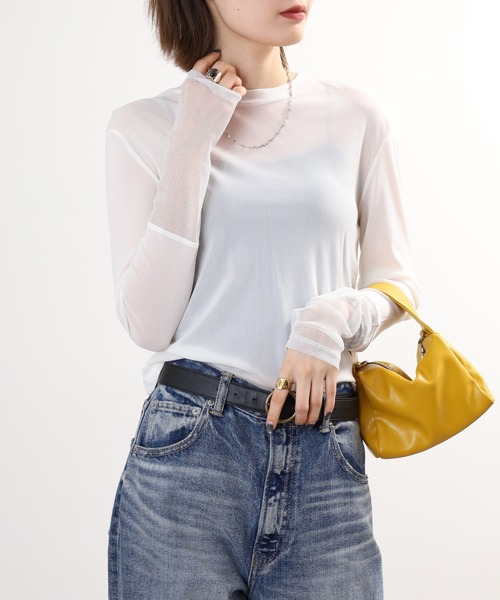Gleam（グリーム）の「gleam フェイクレイヤードクルーネックニットソー 長袖（Tシャツ/カットソー・レディース・ブラック/ライトブルー/ホワイト/モカ・F）」の8枚目の写真