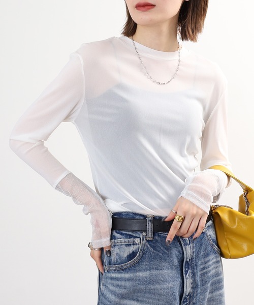Gleam（グリーム）の「gleam フェイクレイヤードクルーネックニットソー 長袖（Tシャツ/カットソー・レディース・ブラック/ライトブルー/ホワイト/モカ・F）」の9枚目の写真