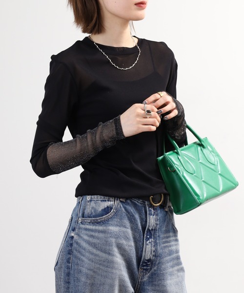Gleam（グリーム）の「gleam フェイクレイヤードクルーネックニットソー 長袖（Tシャツ/カットソー・レディース・ブラック/ライトブルー/ホワイト/モカ・F）」の12枚目の写真
