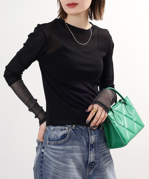 Gleam（グリーム）の「gleam フェイクレイヤードクルーネックニットソー 長袖（Tシャツ/カットソー・レディース・ブラック/ライトブルー/ホワイト/モカ・F）」の13枚目の写真