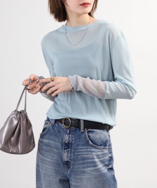 Gleam（グリーム）の「gleam フェイクレイヤードクルーネックニットソー 長袖（Tシャツ/カットソー・レディース・ブラック/ライトブルー/ホワイト/モカ・F）」の15枚目の写真