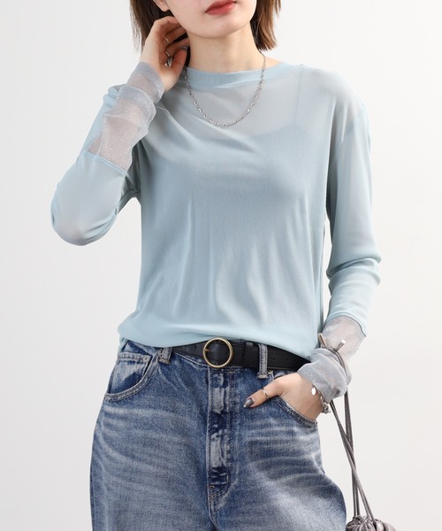 Gleam（グリーム）の「gleam フェイクレイヤードクルーネックニットソー 長袖（Tシャツ/カットソー・レディース・ブラック/ライトブルー/ホワイト/モカ・F）」の19枚目の写真