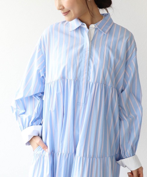 Jines（ジネス）の「ストライプティアードワンピース（ワンピース・レディース・ブルー/ピンク・38）」の2枚目の写真