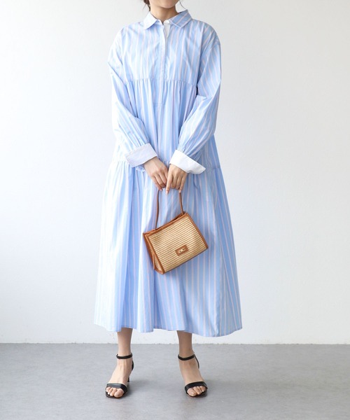 Jines（ジネス）の「ストライプティアードワンピース（ワンピース・レディース・ブルー/ピンク・38）」の11枚目の写真