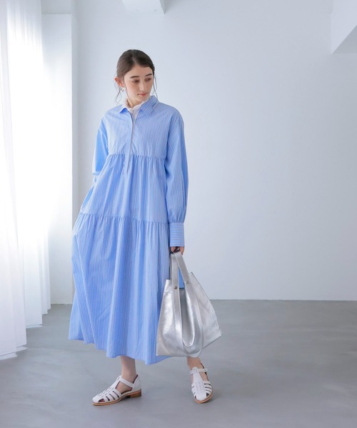 Jines（ジネス）の「ストライプティアードワンピース（ワンピース・レディース・ブルー/ピンク・38）」の3枚目の写真