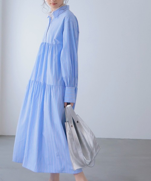 Jines（ジネス）の「ストライプティアードワンピース（ワンピース・レディース・ブルー/ピンク・38）」の6枚目の写真