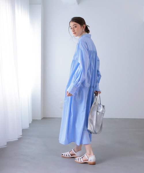 Jines（ジネス）の「ストライプティアードワンピース（ワンピース・レディース・ブルー/ピンク・38）」の4枚目の写真