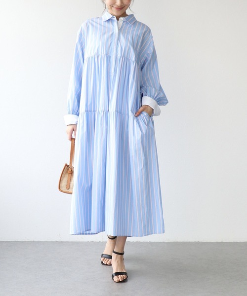 Jines（ジネス）の「ストライプティアードワンピース（ワンピース・レディース・ブルー/ピンク・38）」の12枚目の写真