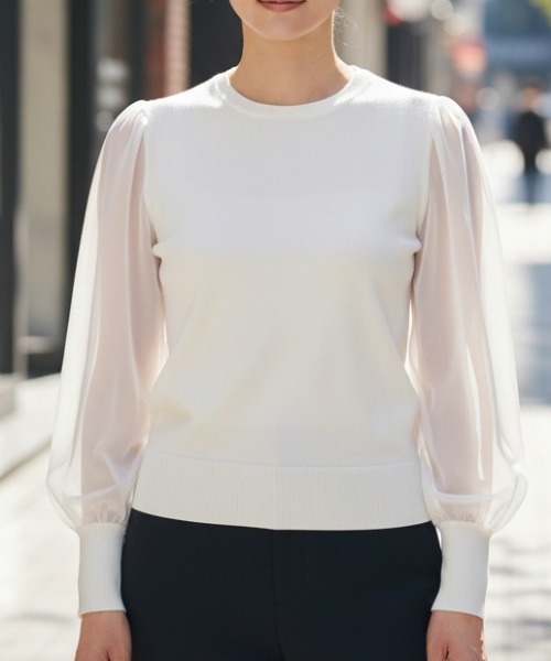 GIVERNY(ジヴェルニー)の「【大人可愛い/通勤・オフィス/春映え】袖シフォン切替クルーネックニット(ニット/セーター・レディース・ブラック/ホワイト/グレー・FREE)」の4枚目の写真