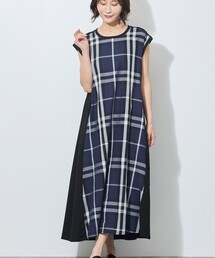 チェック柄異素材切替えカットワンピース