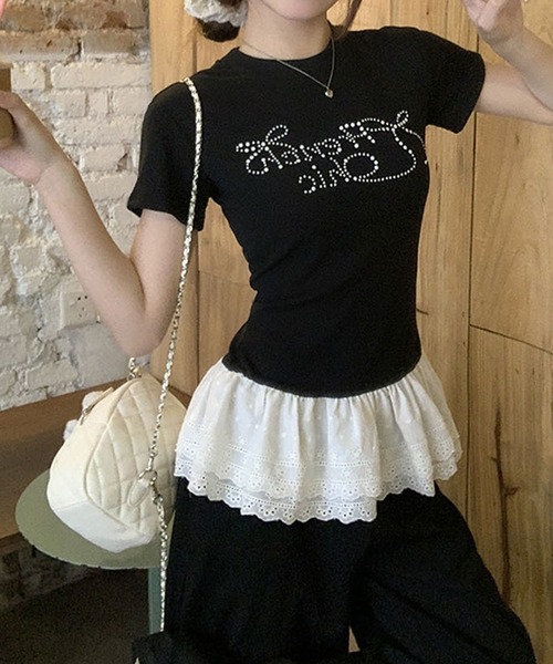 MEMECLE(メメクル)の「【 MEMECLE / メメクル 】レイヤード風 ラインストーントップス(Tシャツ/カットソー・レディース・ブラック・MEDIUM/SMALL)」の2枚目の写真