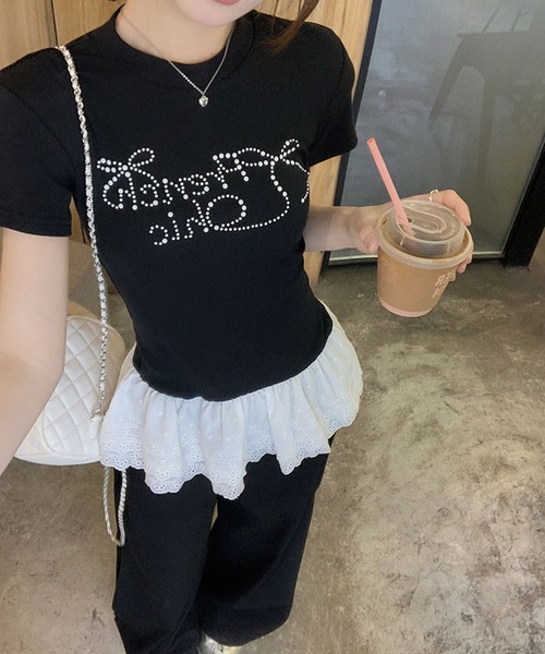 MEMECLE(メメクル)の「【 MEMECLE / メメクル 】レイヤード風 ラインストーントップス(Tシャツ/カットソー・レディース・ブラック・MEDIUM/SMALL)」の3枚目の写真