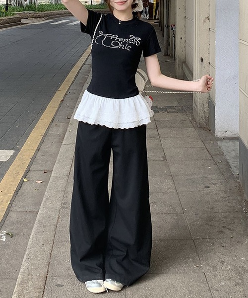 MEMECLE(メメクル)の「【 MEMECLE / メメクル 】レイヤード風 ラインストーントップス(Tシャツ/カットソー・レディース・ブラック・MEDIUM/SMALL)」の4枚目の写真
