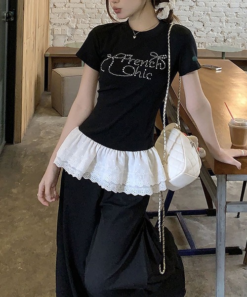 MEMECLE(メメクル)の「【 MEMECLE / メメクル 】レイヤード風 ラインストーントップス(Tシャツ/カットソー・レディース・ブラック・MEDIUM/SMALL)」の5枚目の写真