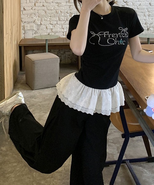 MEMECLE(メメクル)の「【 MEMECLE / メメクル 】レイヤード風 ラインストーントップス(Tシャツ/カットソー・レディース・ブラック・MEDIUM/SMALL)」の6枚目の写真