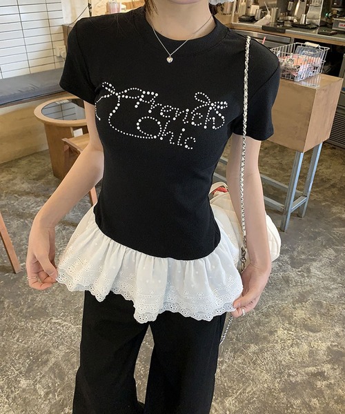 MEMECLE(メメクル)の「【 MEMECLE / メメクル 】レイヤード風 ラインストーントップス(Tシャツ/カットソー・レディース・ブラック・MEDIUM/SMALL)」の7枚目の写真
