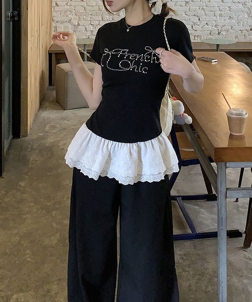 MEMECLE(メメクル)の「【 MEMECLE / メメクル 】レイヤード風 ラインストーントップス(Tシャツ/カットソー・レディース・ブラック・MEDIUM/SMALL)」の8枚目の写真