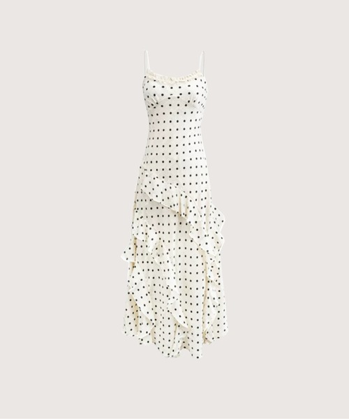 LA POMME petit(ラポミ・プチ)の「Asymmetry Ruffle Dots Cami Dress(ワンピース・レディース・アイボリー・SMALL/LARGE/MEDIUM)」の1枚目の写真