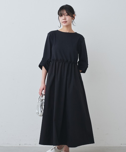 IEDIT(イディット)の「IEDIT 一枚でコーデが決まる袖タックTシャツと撥水(はっすい)スカートのドッキングワンピース(ワンピース・レディース・ブラック/カーキ・SP/4L/3L/LL/L/M/MP)」の1枚目の写真