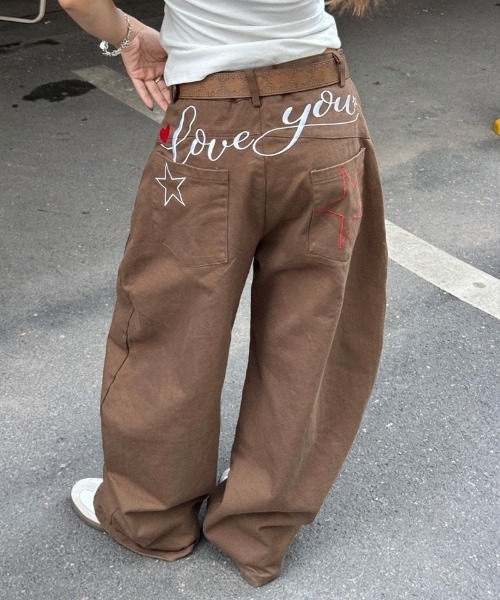 おしゃれスタ（オシャレスタ）の「ハート×ロゴ刺繍デザインワイドパンツ（その他パンツ・レディース・ベージュ/ブラウン・XL/L/M/S）」の2枚目の写真