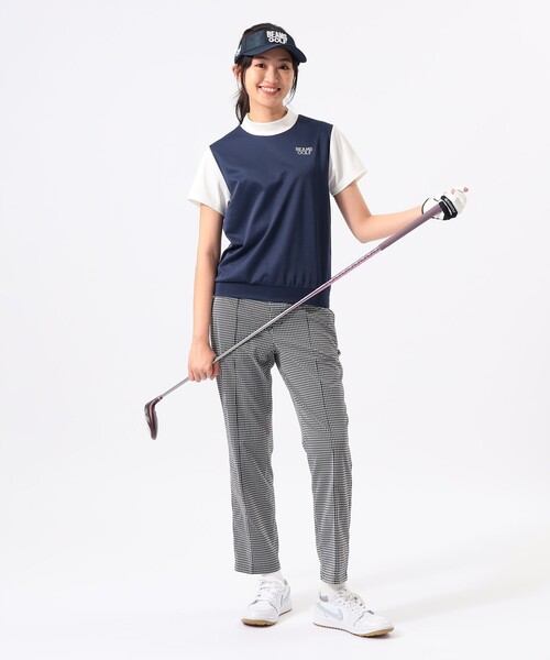 BEAMS GOLF(ビームスゴルフ)の「ORANGE LABEL / メッシュ 異素材コンビ モックネックシャツ(スウェット・レディース・ネイビー/ブラウン・LARGE/MEDIUM/SMALL)」の3枚目の写真