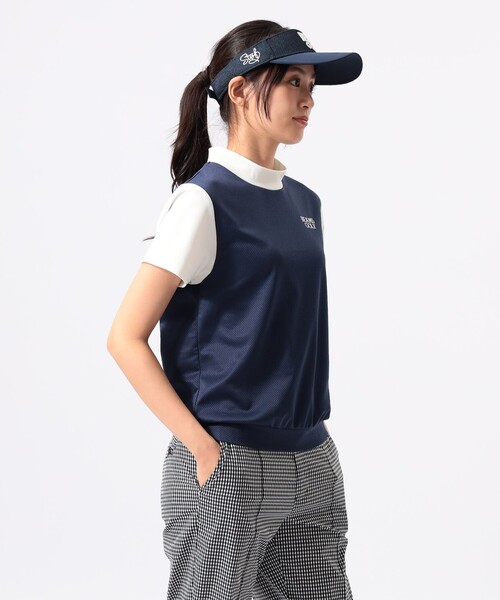 BEAMS GOLF(ビームスゴルフ)の「ORANGE LABEL / メッシュ 異素材コンビ モックネックシャツ(スウェット・レディース・ネイビー/ブラウン・LARGE/MEDIUM/SMALL)」の5枚目の写真