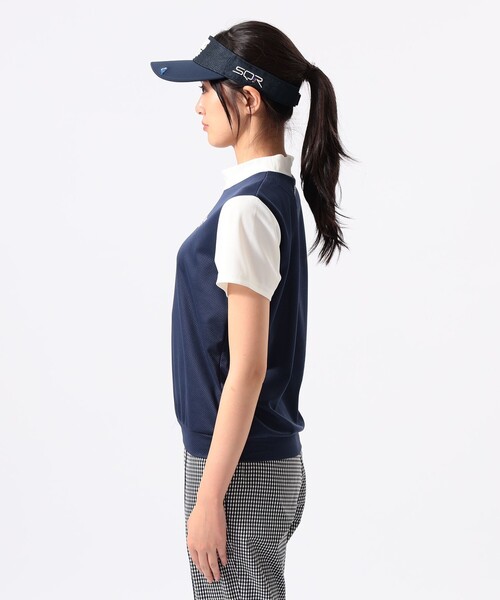 BEAMS GOLF(ビームスゴルフ)の「ORANGE LABEL / メッシュ 異素材コンビ モックネックシャツ(スウェット・レディース・ネイビー/ブラウン・LARGE/MEDIUM/SMALL)」の6枚目の写真