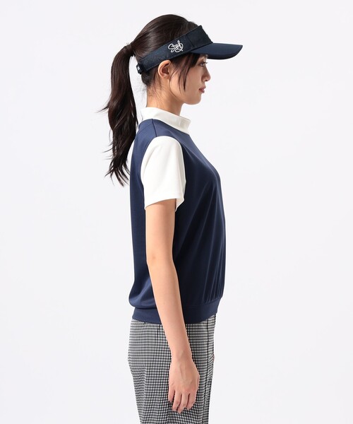 BEAMS GOLF(ビームスゴルフ)の「ORANGE LABEL / メッシュ 異素材コンビ モックネックシャツ(スウェット・レディース・ネイビー/ブラウン・LARGE/MEDIUM/SMALL)」の7枚目の写真