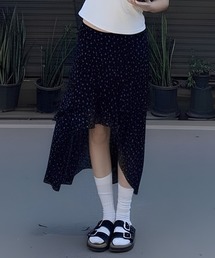 ドット柄アシンメトリーフリルロングスカート