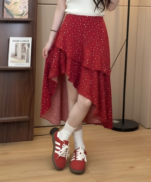 center i(センターアイ)の「ドット柄アシンメトリーフリルロングスカート(スカート・レディース・レッド/ブラック・M/S)」の10枚目の写真