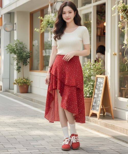 center i(センターアイ)の「ドット柄アシンメトリーフリルロングスカート(スカート・レディース・レッド/ブラック・M/S)」の11枚目の写真