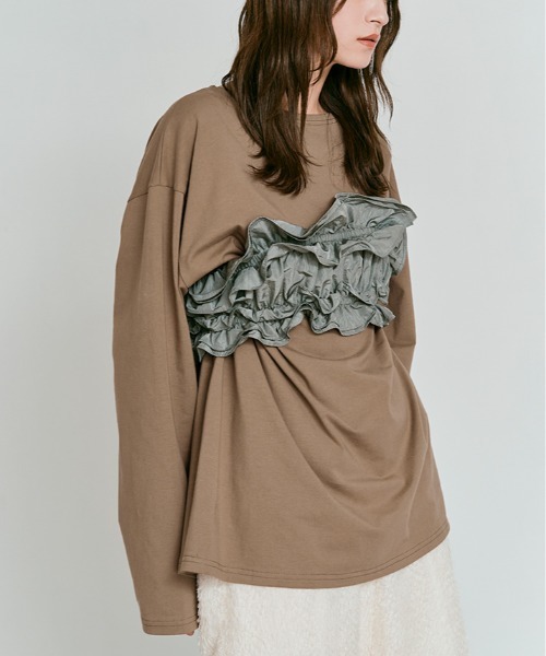 W:Huku(フーク)の「ビスチェ セット ロング Tシャツ / Layered Look: Frill Bustier & Long Sleeve Top(Tシャツ/カットソー・レディース・ライトブラウン/オフホワイト・FREE)」の19枚目の写真