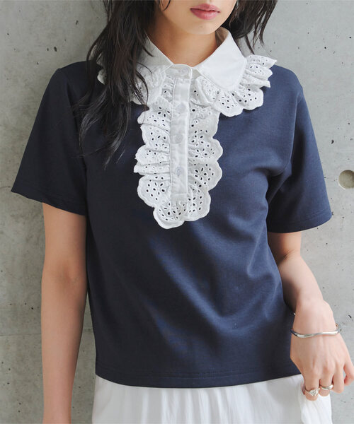 KOBE LETTUCE(コウベレタス)の「レース襟ショートスリーブポロトップス(Tシャツ/カットソー・レディース・クリーム/ネイビー/ピンク・M)」の1枚目の写真