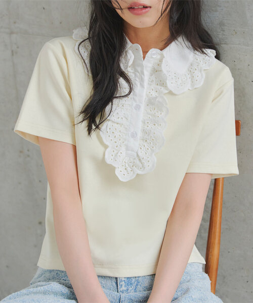 KOBE LETTUCE(コウベレタス)の「レース襟ショートスリーブポロトップス(Tシャツ/カットソー・レディース・クリーム/ネイビー/ピンク・M)」の2枚目の写真