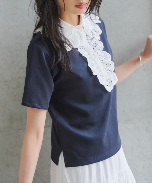 KOBE LETTUCE(コウベレタス)の「レース襟ショートスリーブポロトップス(Tシャツ/カットソー・レディース・クリーム/ネイビー/ピンク・M)」の5枚目の写真