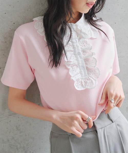 KOBE LETTUCE(コウベレタス)の「レース襟ショートスリーブポロトップス(Tシャツ/カットソー・レディース・クリーム/ネイビー/ピンク・M)」の7枚目の写真