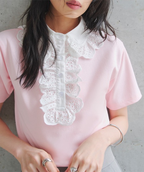 KOBE LETTUCE(コウベレタス)の「レース襟ショートスリーブポロトップス(Tシャツ/カットソー・レディース・クリーム/ネイビー/ピンク・M)」の8枚目の写真