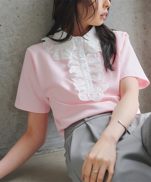 KOBE LETTUCE(コウベレタス)の「レース襟ショートスリーブポロトップス(Tシャツ/カットソー・レディース・クリーム/ネイビー/ピンク・M)」の9枚目の写真
