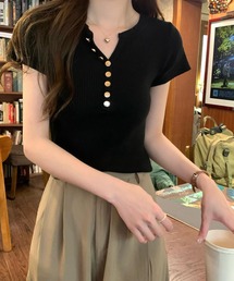 ゴールドボタン フレンチスリーブリブニットトップス