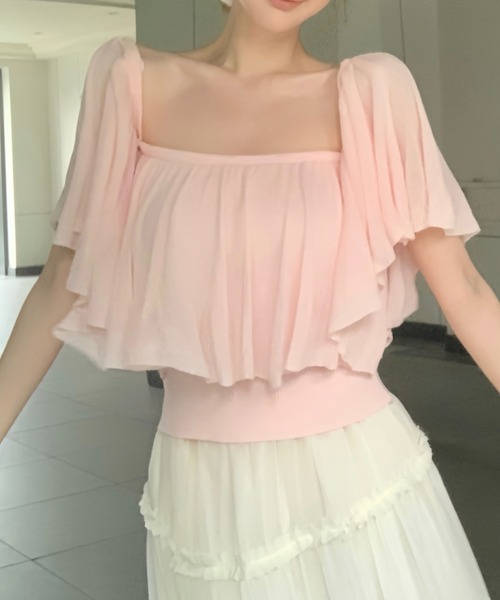 AMAJI(アマジ)の「ラッフルフリル オフショルダー サマーニット ベアトップトップス(ニット/セーター・レディース・ホワイト/ブラック/ベージュ/ライトピンク・FREE)」の8枚目の写真
