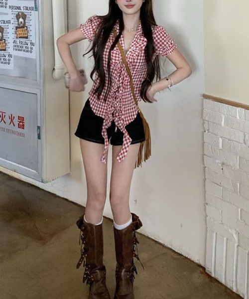 HALEY PESCA（ヘーリーペスカ）の「HALEY PESCA/フロントタイギンガムチェック　パフスリーブトップス（Tシャツ/カットソー・レディース・レッド・MEDIUM/SMALL）」の6枚目の写真