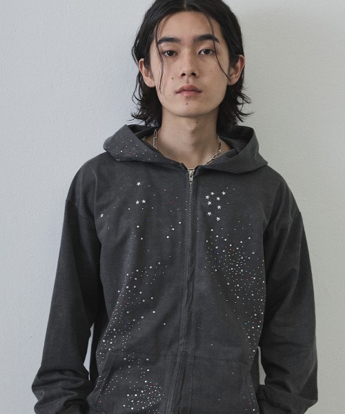 Shoowtime(ショウタイム)の「Vintage Wash Rhinestone Zip Hoodie / ウォッシュ加工ラインストーンジップパーカー(パーカー・メンズ・ネイビー・MEDIUM/LARGE/X-LARGE)」の1枚目の写真