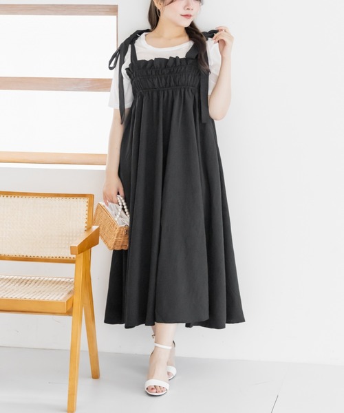 CLETTE(クレット)の「ショルダーリボンワンピース(ワンピース・レディース・ブラック/アイボリー/グレー・4L/3L/LL)」の1枚目の写真