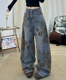 フロッキーフラワー デニムワイドパンツ