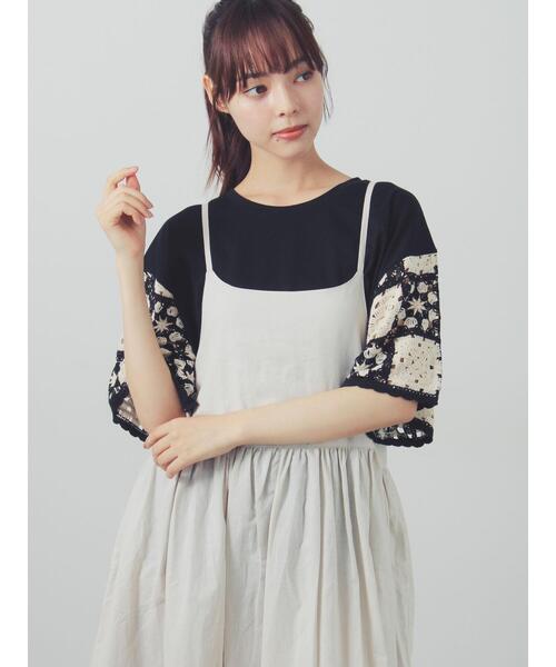 Samansa Mos2(サマンサ モスモス)の「【接触冷感】モチーフ編みコンビカットソー(Tシャツ/カットソー・レディース・ブラック/ブラウン/オフホワイト/グリーン・F)」の2枚目の写真