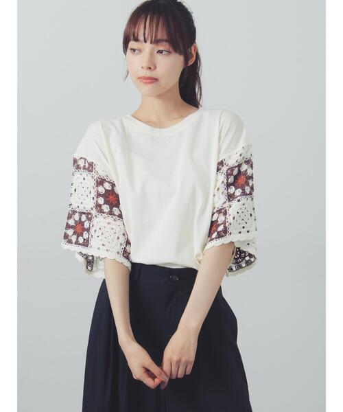 Samansa Mos2(サマンサ モスモス)の「【接触冷感】モチーフ編みコンビカットソー(Tシャツ/カットソー・レディース・ブラック/ブラウン/オフホワイト/グリーン・F)」の9枚目の写真