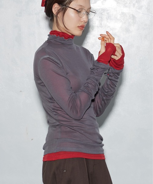 OFROOM(オフルーム)の「【2026秋冬新作】Sheer Long Sleeve Turtle|シアーロングスリーブタートル(Tシャツ/カットソー・レディース・レッド/チャコールグレー/ホワイト/ネイビー/グレー/ブラック・FREE)」の11枚目の写真
